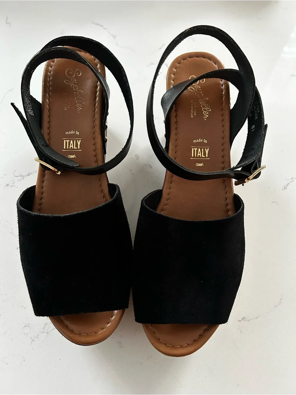 Seychelles black platform sandal heels leather suede size 8.5